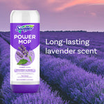Swiffer Power Mop lavender refill bottle in front of an expansive lavender field with text 'Long-lasting lavender scent'