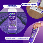 Graphic showing Swiffer Power Mop lavender refill bottle with lavender field and device attachment icons highlighting easy attachment