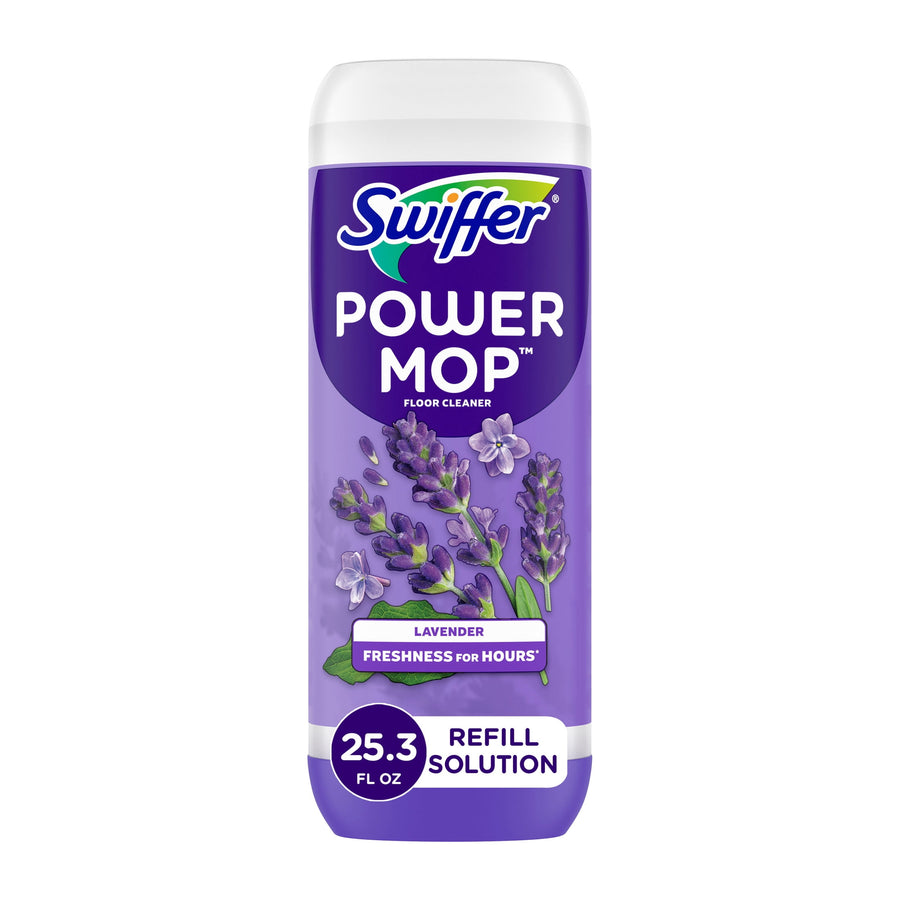 Single Swiffer Power Mop lavender refill solution bottle with purple label and lavender flowers illustration.