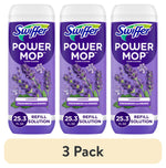 Three Swiffer Power Mop lavender refill solution bottles with lavender illustration on purple labels.