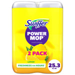 Close-up of two-pack Swiffer Power Mop lemon-scent floor cleaner bottles with bright yellow label