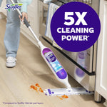 Lifestyle image of a person using a Swiffer Power Mop near a stainless appliance with a purple callout reading 5X cleaning power