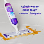 Swiffer Power Mop in use on tile floor cleaning an orange spill, with text reading ‘A fresh way to make tough messes disappear’.