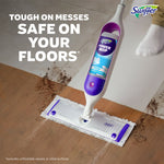 Lifestyle image of a Swiffer Power Mop cleaning a floor with muddy footprints and text stating it’s tough on messes but safe on floors