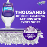 Front-facing product graphic of a Swiffer Power Mop head and handle above a close-up of textured mopping pad with micro-scrubbing callout