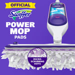 Swiffer Power Mop promotional image featuring the mop head with micro-scrubbing dots and official Swiffer branding on purple background