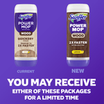 Side-by-side comparison of current and new Swiffer Power Mop Wood lemon refill packaging with notice you may receive either package.