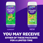 Comparison graphic showing current and new Swiffer Power Mop Gain-scent packaging with notice you may receive either package