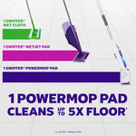 Illustrated comparison graphic showing three mop types and a bold claim that one PowerMop pad cleans up to 5X the floor area
