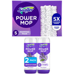 Swiffer Power Mop packaging showing a box of mopping pads above two lavender-scented refill bottles on white background