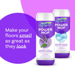 Two Swiffer Power Mop refill bottles side by side with promotional text 'Make your floors smell as great as they look' on purple background