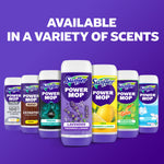 Row of assorted Swiffer Power Mop cleaning solution bottles in different scents displayed on a purple background with text about variety