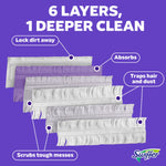 Graphic showing layered cross-section of Swiffer Power Mop pads with labels like 'absorbs' and 'traps hair and dust' on purple background