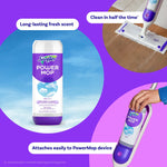 Swiffer Power Mop refill solution bottle on blue background with callouts showing mop attachment and cleaning benefits.