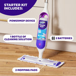 Product-in-use graphic showing the PowerMop device on a hardwood floor with callouts naming included items: device, solution bottle, batteries and two mopping pads
