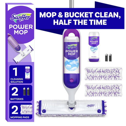 Swiffer Power Mop starter kit product shot showing mop, cleaning solution bottle, two batteries and two white-and-purple mopping pads on white background