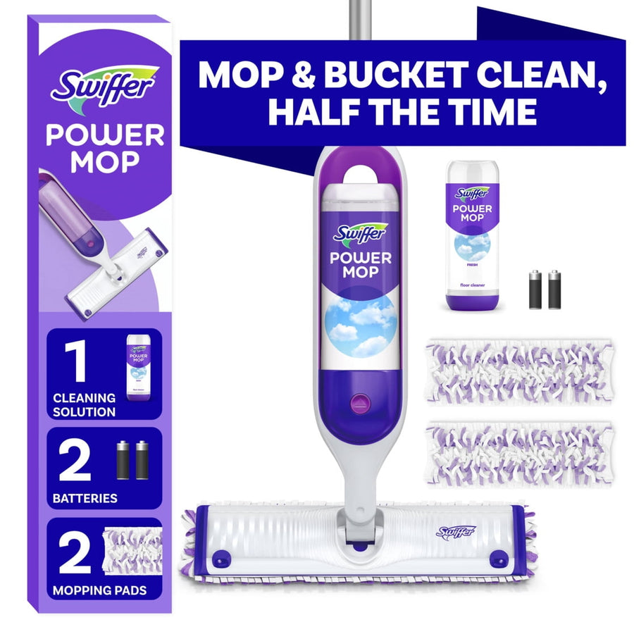 Swiffer Power Mop starter kit product shot showing mop, cleaning solution bottle, two batteries and two white-and-purple mopping pads on white background