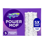 Swiffer Power Mop packaging showing a close-up of a textured white mopping pad with purple branding and 5-pack callout