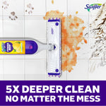 Overhead view of Swiffer Power Mop wiping tile grout and removing different colored messes, with “5X DEEPER CLEAN” text