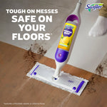 Swiffer Power Mop cleaning muddy floor with large headline “TOUGH ON MESSES SAFE ON YOUR FLOORS”