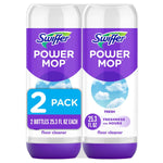 Two Swiffer Power Mop floor cleaner refill bottles side-by-side with purple label and cloud graphic, front view.