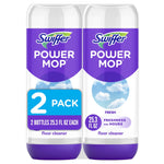 Two Swiffer Power Mop refill bottles side-by-side with purple caps and sky-blue label