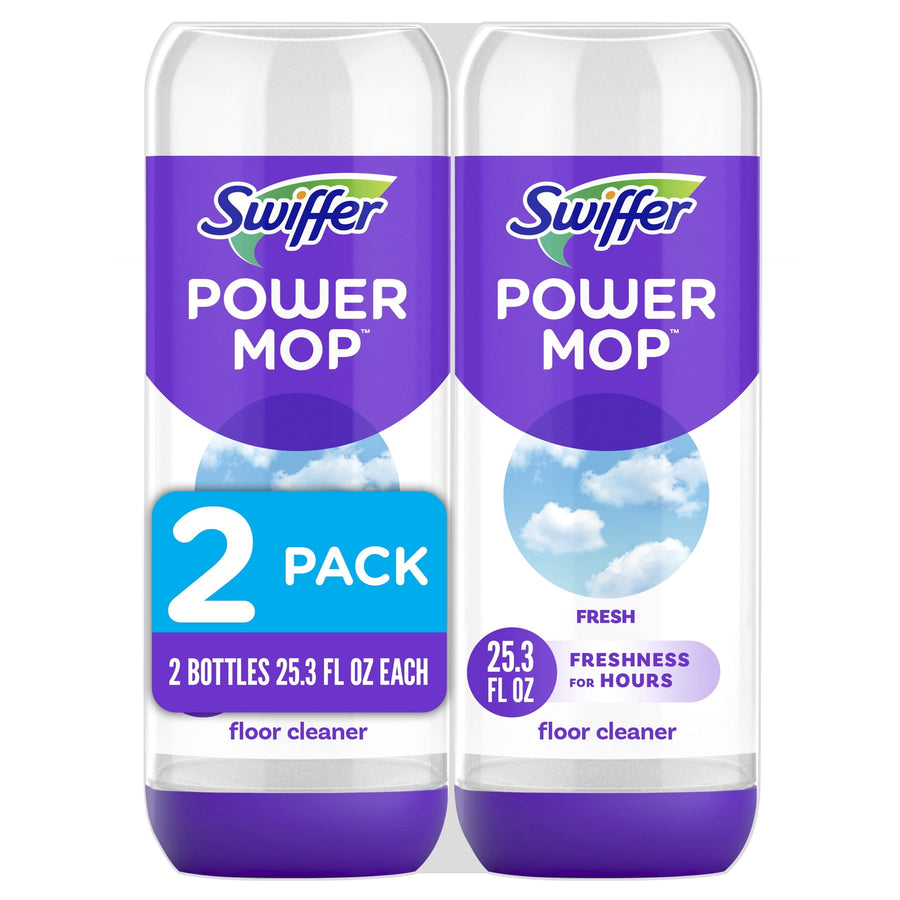 Two Swiffer Power Mop refill bottles side-by-side with purple caps and sky-blue label