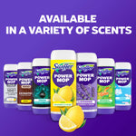 Row of Swiffer Power Mop scent bottles on purple background with text “available in a variety of scents”