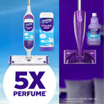Split promotional image showing Swiffer Power Mop device, refill bottle and WetJet comparison with '5X perfume' text