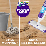 Split comparison graphic: traditional mop and bucket on left versus Swiffer Power Mop cleaning muddy footprints on right with logo above