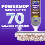 Promotional purple graphic showing a Swiffer Power Mop Wood refill bottle above a mop head with text claiming it saves up to 70 gallons of water.