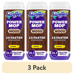 Three Swiffer Power Mop Wood solution refill bottles in lemon scent shown side by side with a 3 Pack label