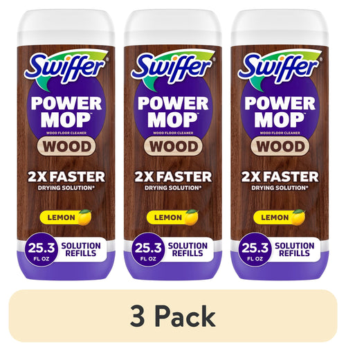 Three Swiffer Power Mop Wood solution refill bottles in lemon scent shown side by side with a 3 Pack label