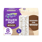 Packaged Swiffer Power Mop Wood refill box showing wood design background, pad close-up and '8 mopping pads' callout