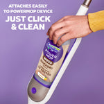 Hand attaching a Swiffer Power Mop Wood refill bottle to the mop device against a purple background with 'Just click & clean' text