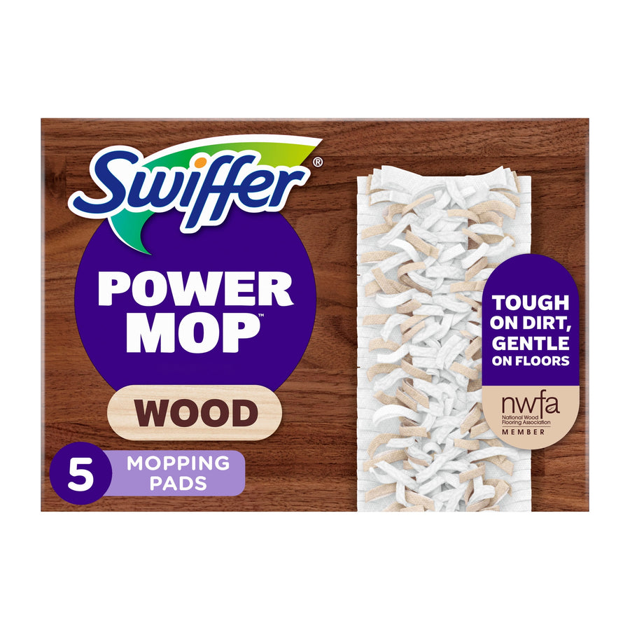 Swiffer Power Mop Wood retail box on wood-grain background showing product name, pad close-up and benefit badge