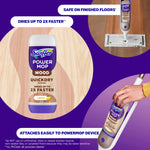 Informational graphic showing Swiffer Power Mop Wood refill bottle with usage callouts and device attachment visuals