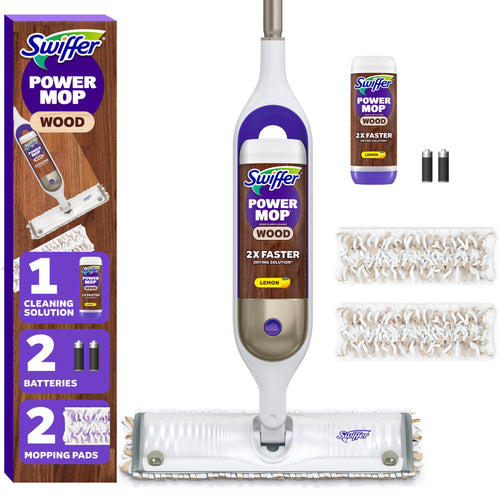 Swiffer Power Mop Wood kit with handle, cleaning solution bottle, two batteries and two white mop pads laid out on white background.