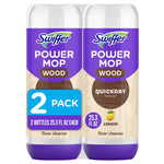 Two Swiffer Power Mop Wood lemon-scented refill bottles shown side-by-side with a blue 2-pack badge and purple caps.