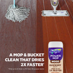 Split image comparing a traditional mop and a Swiffer Power Mop on wood floors with a Wood refill bottle and product claim text
