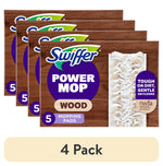 Four overlapping Swiffer Power Mop Wood pad retail boxes shown with wood-grain background and pad detail