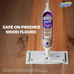 Swiffer Power Mop device with a Wood refill attached, cleaning a hardwood floor with text stating safe on finished wood floors
