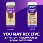 Side-by-side packaging comparison showing current and new Swiffer Power Mop Wood refill bottles with notice you may receive either