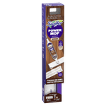 Angled view of Swiffer Power Mop Wood retail packaging with product image and wood-grain design, showing kit contents illustration.