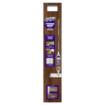Slim front panel of Swiffer Power Mop Wood packaging showing full mop image, feature icons and kit contents on a wood-grain background.