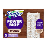 Front-facing Swiffer Power Mop Wood packaging showing logo, wood label, and a close-up of a textured white mop pad