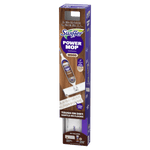 Full-length retail box for Swiffer Power Mop Wood displayed upright, showing product imagery, mop pad graphic and wood-grain panel.