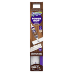 Tall retail box for Swiffer Power Mop Wood showing product image, mop head, and mop pad graphic on a wood-grain background.