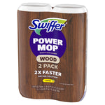 Two-pack Swiffer Power Mop Wood floor cleaner with wood-grain label and lemon icon, packaged together with purple accents.