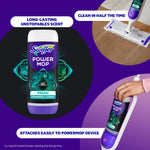 Swiffer Power Mop solution bottle with device close-ups and claims about easy attachment